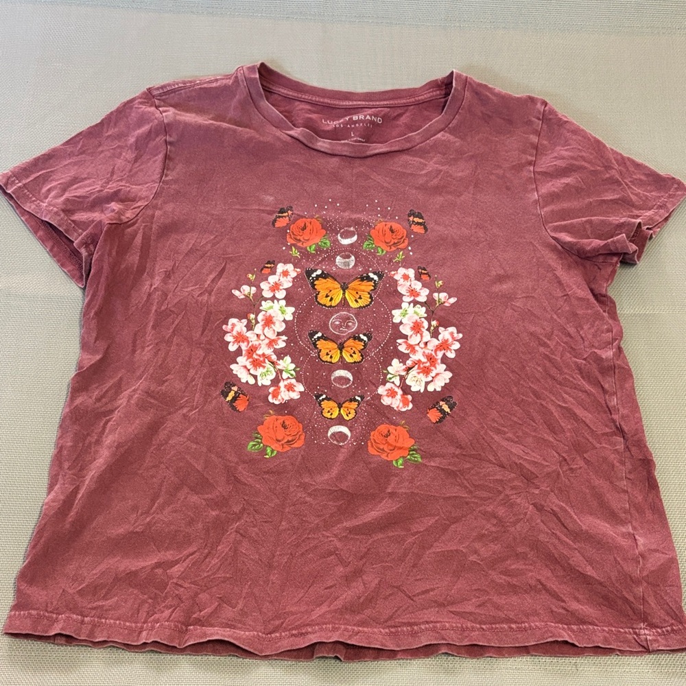 Lucky Brand Maroon Floral Butterfly phased of the moon sz L SHORT sleeve Tee